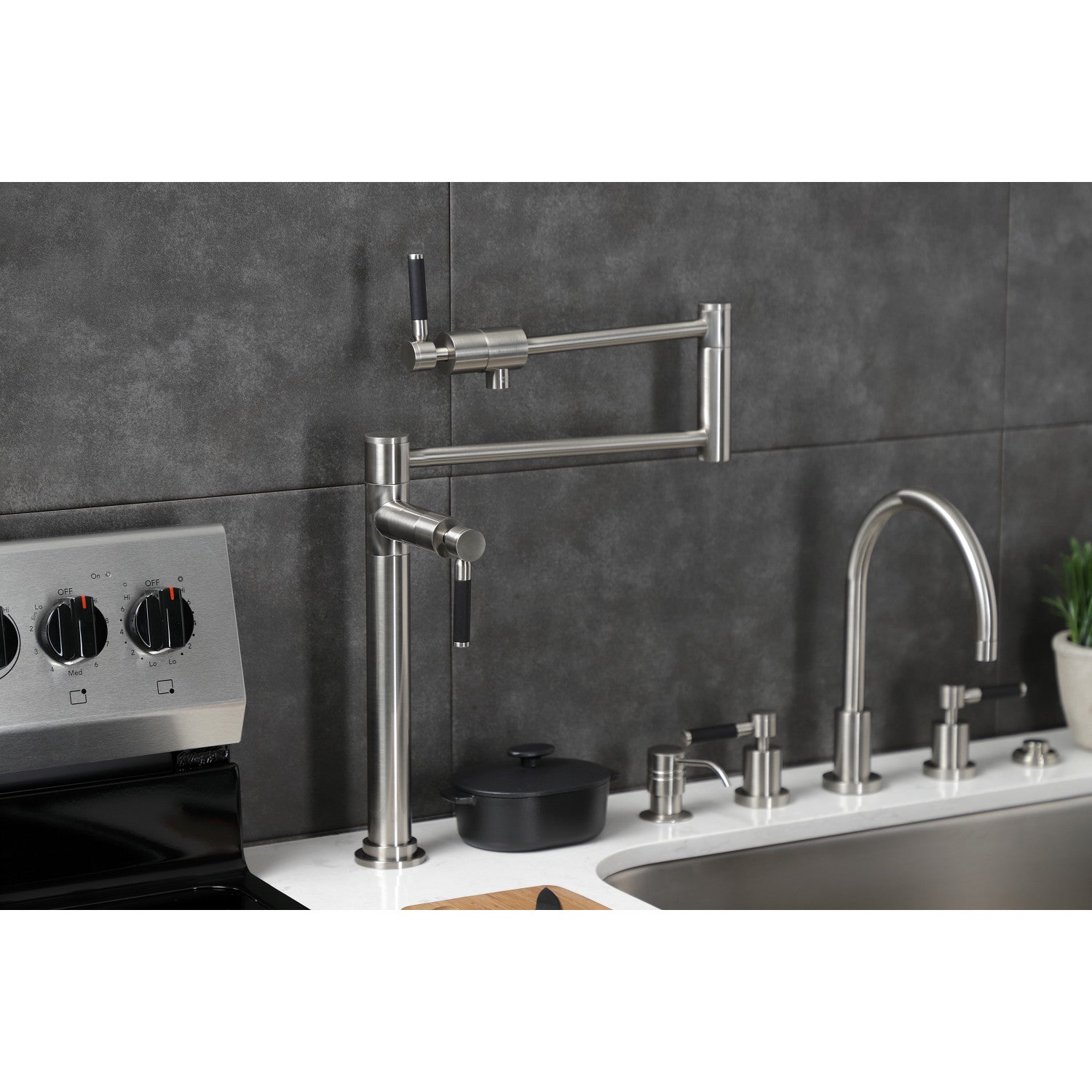 Kingston Sona KS4708DKL - Kaiser Two-Handle 1-Hole Deck Mount Pot Filler Faucet, Brushed Nickel — thumbnail 3
